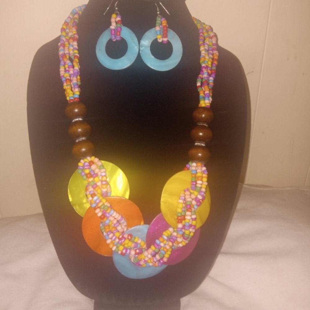 Vintage 80s Multicolor Necklace Earrings Colorful Chunky Beaded necklace twisted